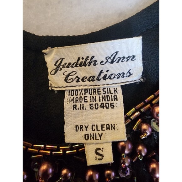 Vintage Judith Anne Creations Small 100% Silk Black & Gold Beaded Flowy Tank Top - Picture 11 of 14